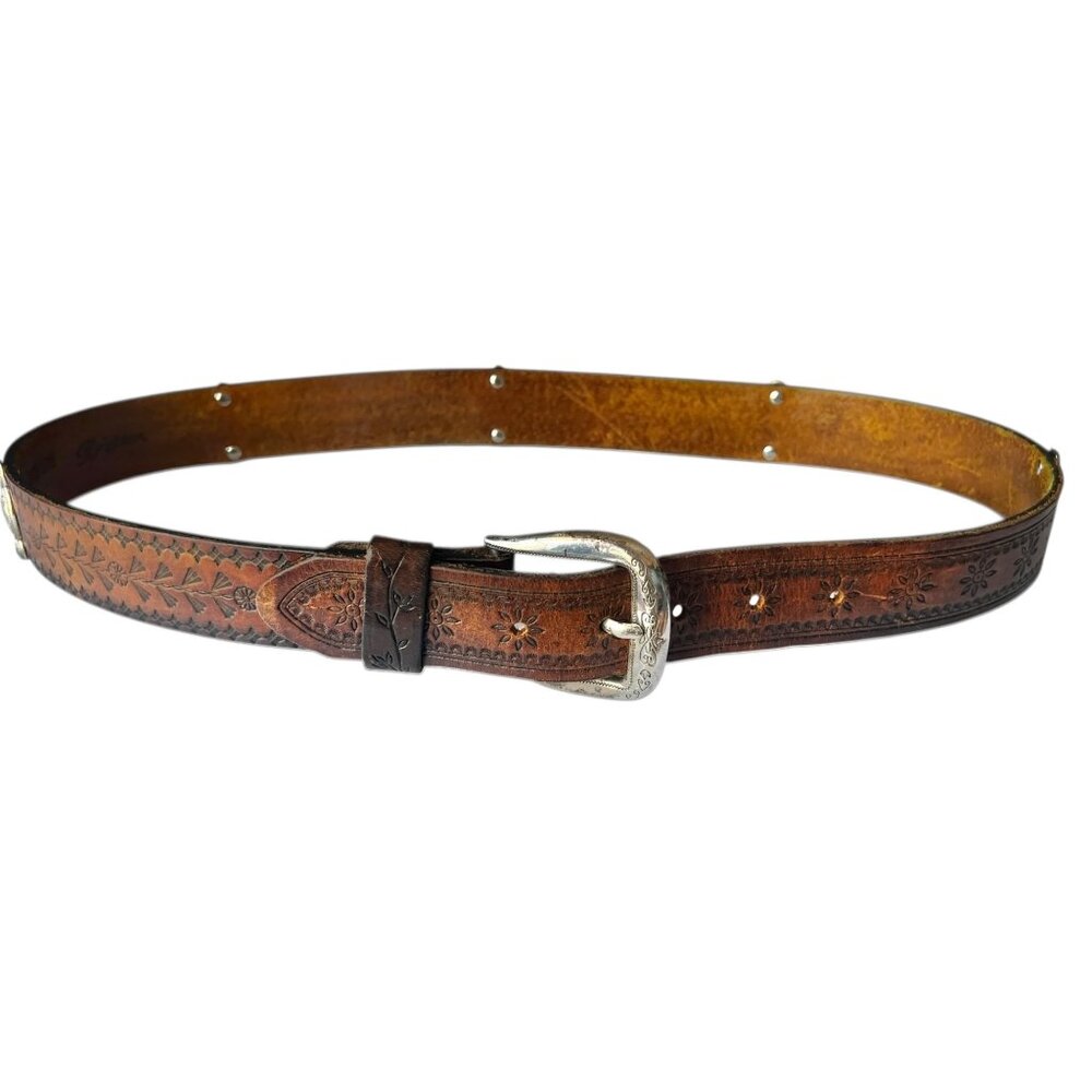 Brighton Leather Belt Floral Embossed Patterns & Silver Tone Buckle 33"-37"